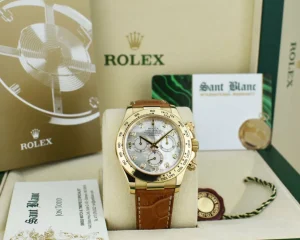 Men's Watches | Racing Professional Watches | Sant Blanc ROLEX 40mm 18kt Gold Daytona Cognac Strap Mother of Pearl Diamond Dial Model 116518