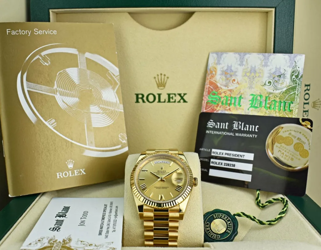 rolex_mm_kt_gold_presiden_0.webp President Dress Watches | Sant Blanc ROLEX 40mm 18kt Gold President Day Date 40 Champagne Roman Model 228238
