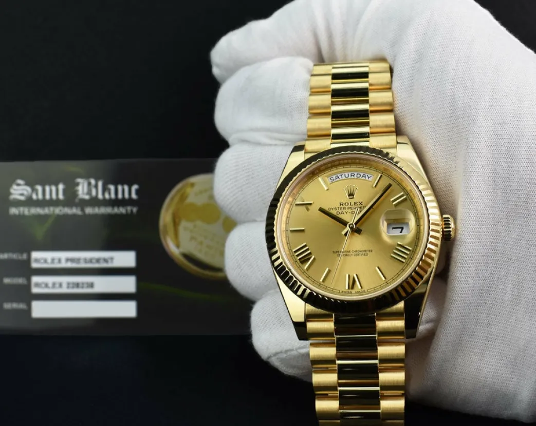 rolex_mm_kt_gold_presiden_1.webp President Dress Watches | Sant Blanc ROLEX 40mm 18kt Gold President Day Date 40 Champagne Roman Model 228238
