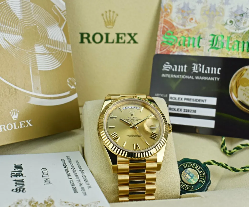 rolex_mm_kt_gold_presiden_2.webp President Dress Watches | Sant Blanc ROLEX 40mm 18kt Gold President Day Date 40 Champagne Roman Model 228238