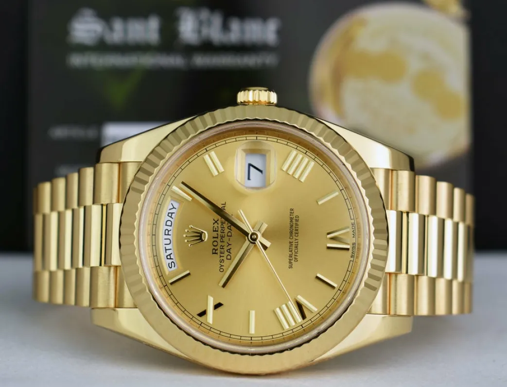 rolex_mm_kt_gold_presiden_3.webp President Dress Watches | Sant Blanc ROLEX 40mm 18kt Gold President Day Date 40 Champagne Roman Model 228238