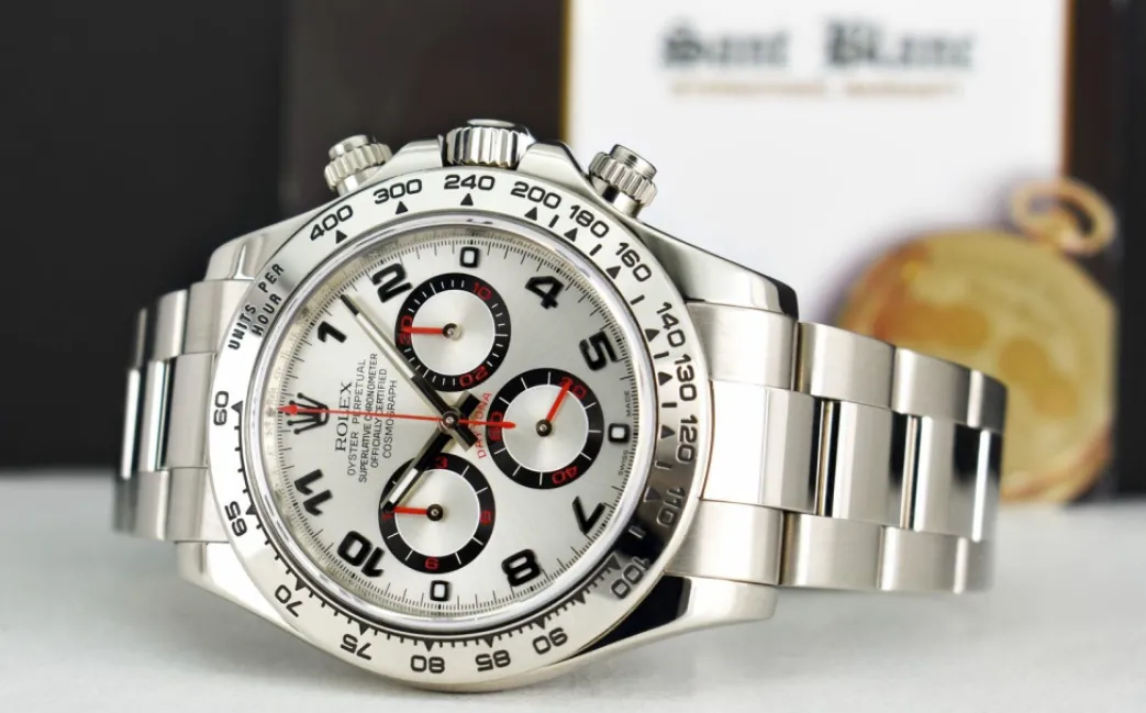 rolex_mm_kt_white_gold_da_4-1.webp Racing Professional Watches | Sant Blanc ROLEX 40mm 18kt White Gold Daytona Silver Arabic Race Dial Model 116509