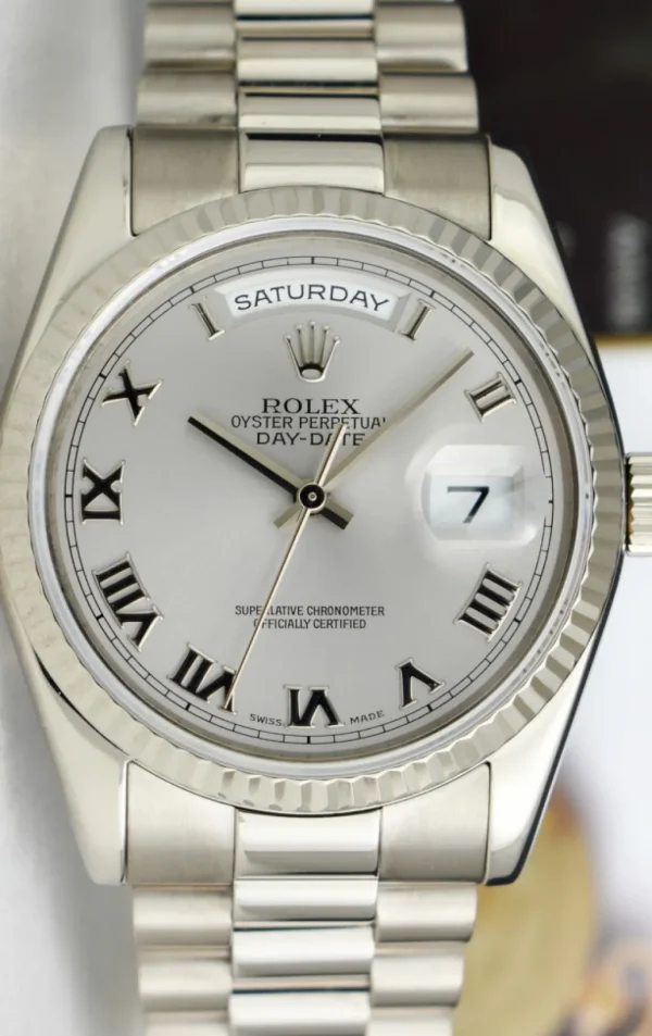 Men's Watches | President Dress Watches | Sant Blanc ROLEX 36mm 18kt White Gold Day Date President Silver Roman Dial Model 118239