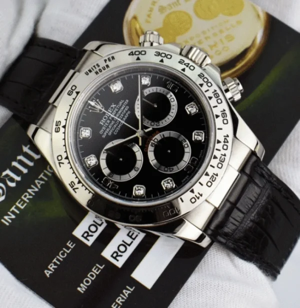 Men's Watches | Racing Professional Watches | Sant Blanc ROLEX 40mm 18kt White Gold Daytona on Strap Black Diamond Model 116519