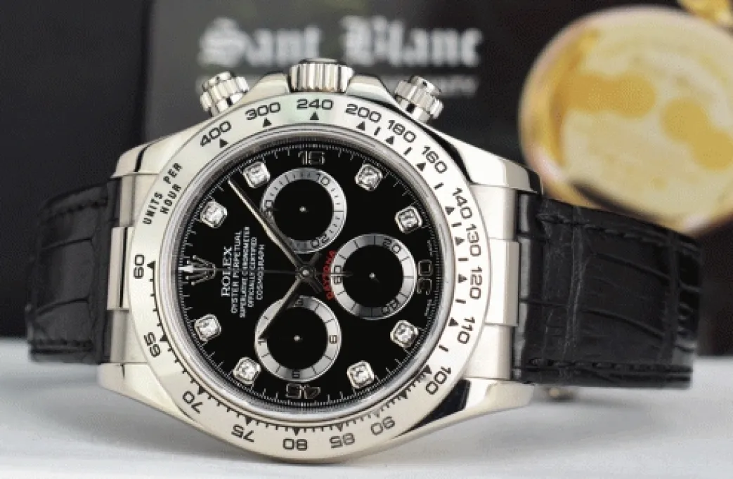 rolex_mm_kt_white_gold_da_8-2.webp Men's Watches | Racing Professional Watches | Sant Blanc ROLEX 40mm 18kt White Gold Daytona on Strap Black Diamond Model 116519