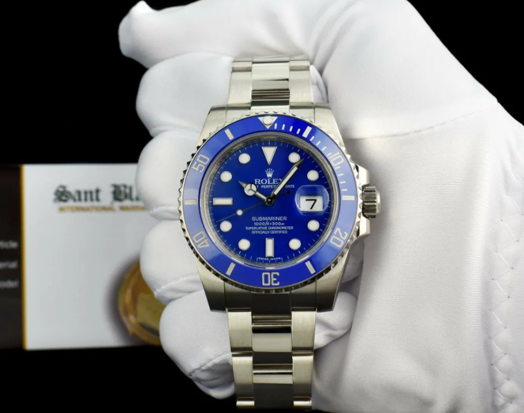 rolex_mm_kt_white_gold_su_1-2.webp Diving Professional Watches | Men's Watches | Sant Blanc ROLEX 40mm 18kt White Gold Submariner "Smurf" Blue Dial Blue Ceramic Bezel Model 116619