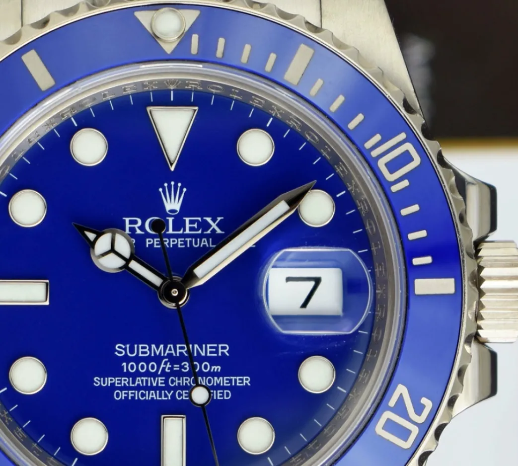 rolex_mm_kt_white_gold_su_5-2.webp Diving Professional Watches | Men's Watches | Sant Blanc ROLEX 40mm 18kt White Gold Submariner "Smurf" Blue Dial Blue Ceramic Bezel Model 116619
