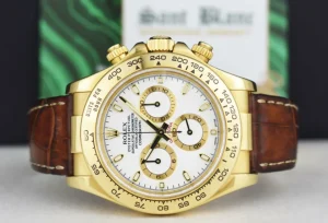 Men's Watches | Racing Professional Watches | Sant Blanc ROLEX 40mm 18kt Yellow Gold Daytona Leather Strap White Index Dial Model 116518