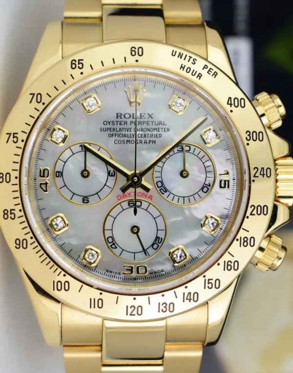 Sports Watches | Racing Professional Watches | Sant Blanc ROLEX 40mm 18kt Yellow Gold Daytona Mother of Pearl Diamond Dial Model 116528