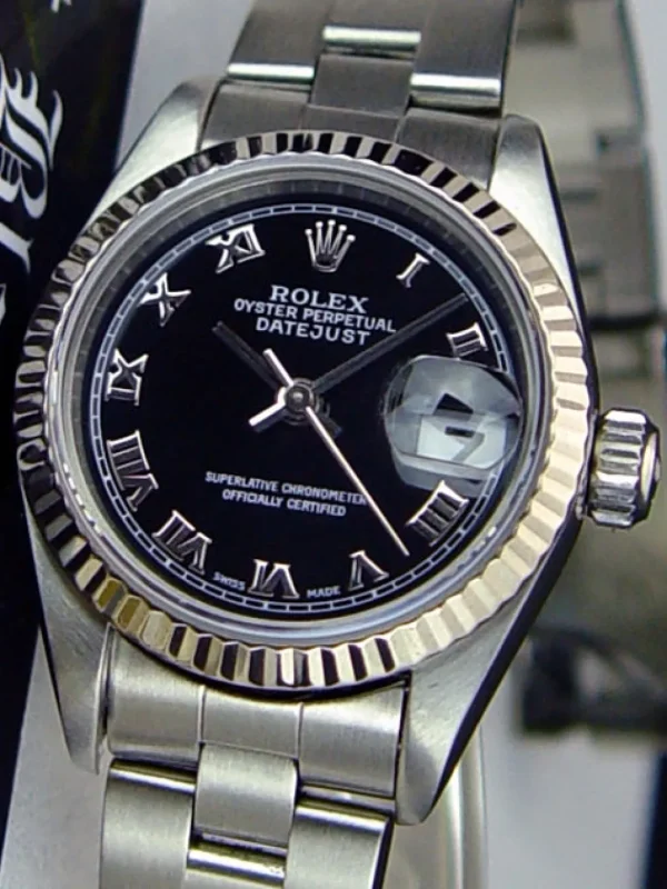 Ladies Watches | Dress Watches | Sant Blanc ROLEX 26mm Ladies 18kt White Gold & Stainless Steel DateJust Black Roman Dial Model 79174