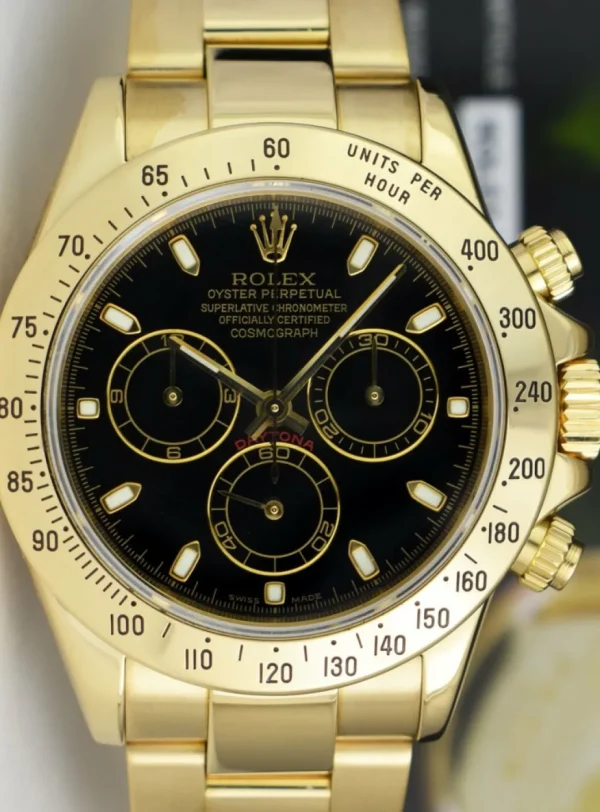 Racing Professional Watches | Sant Blanc ROLEX 40mm Mens 18kt Gold Daytona Chronograph Black Index Model 116528