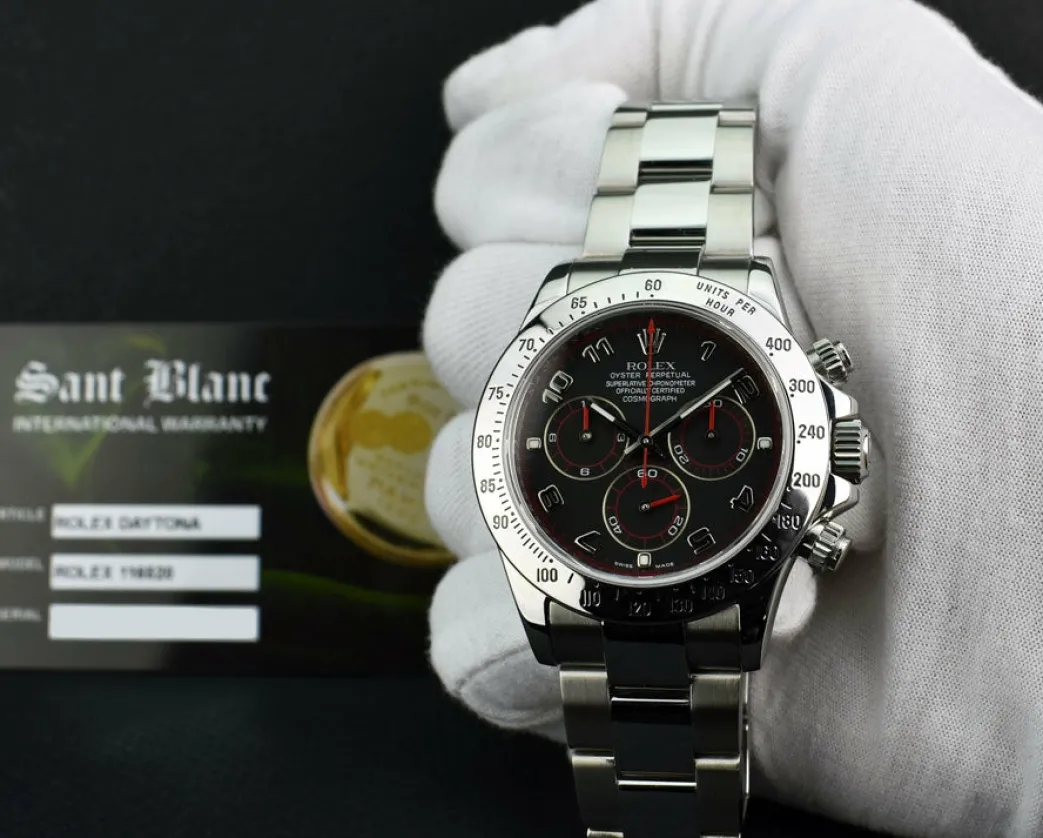 rolex_mm_mens_stainless_s_1-4.webp Sports Watches | Racing Professional Watches | Sant Blanc ROLEX 40mm Mens Stainless Steel Daytona Black Arabic "Race" Dial "Fat" Buckle Model 116520