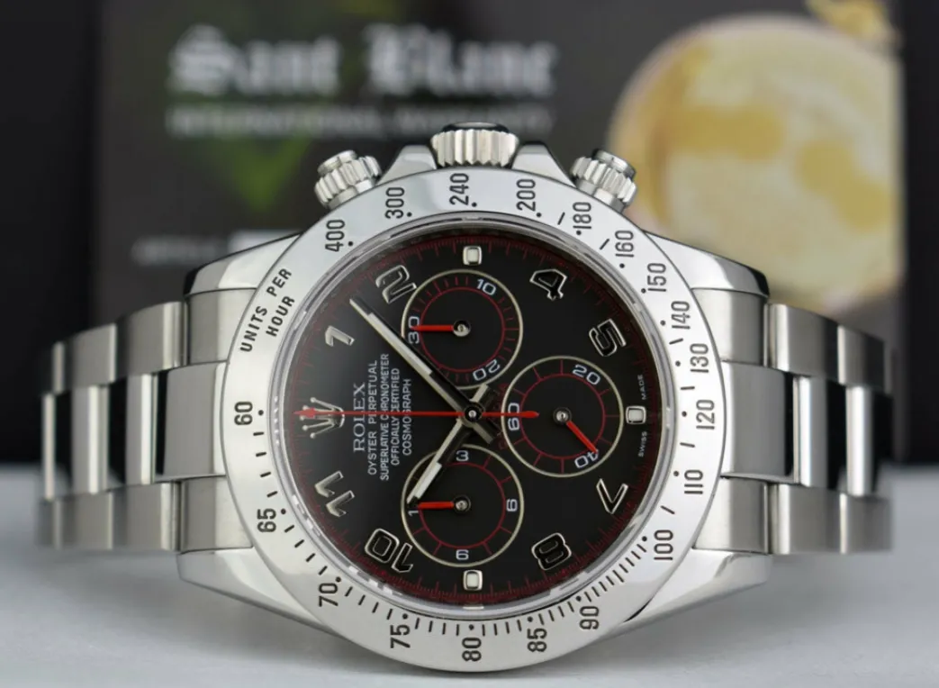 rolex_mm_mens_stainless_s_3-4.webp Sports Watches | Racing Professional Watches | Sant Blanc ROLEX 40mm Mens Stainless Steel Daytona Black Arabic "Race" Dial "Fat" Buckle Model 116520
