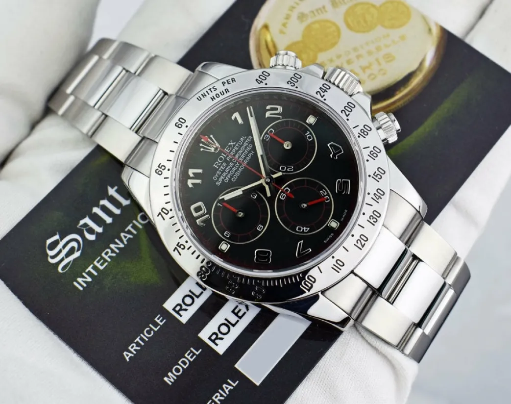 rolex_mm_mens_stainless_s_4-4.webp Sports Watches | Racing Professional Watches | Sant Blanc ROLEX 40mm Mens Stainless Steel Daytona Black Arabic "Race" Dial "Fat" Buckle Model 116520