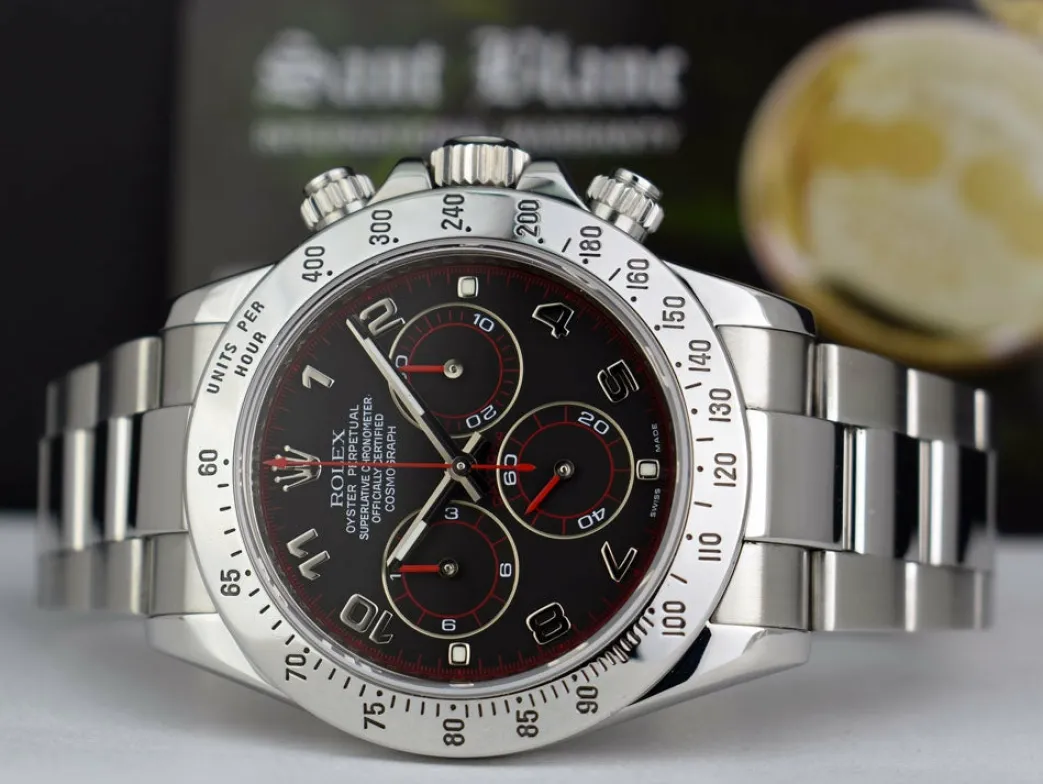 rolex_mm_mens_stainless_s_5-4.webp Sports Watches | Racing Professional Watches | Sant Blanc ROLEX 40mm Mens Stainless Steel Daytona Black Arabic "Race" Dial "Fat" Buckle Model 116520