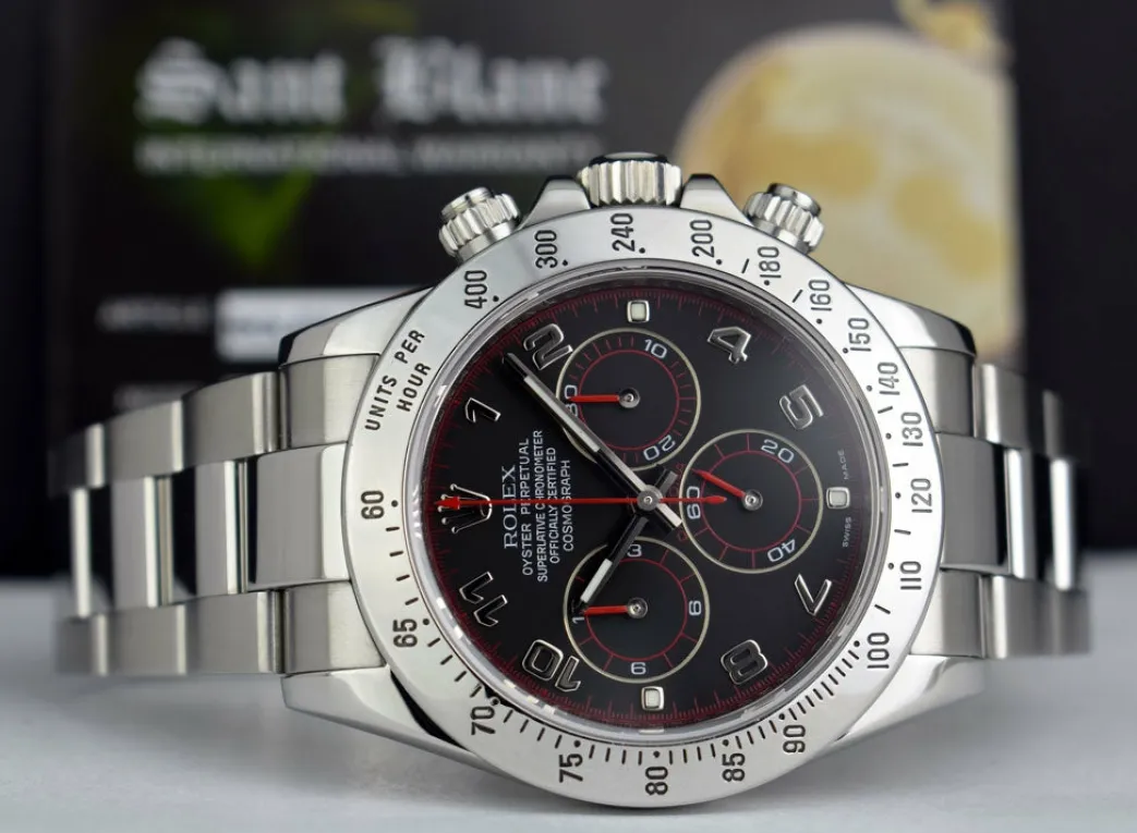 rolex_mm_mens_stainless_s_6-4.webp Sports Watches | Racing Professional Watches | Sant Blanc ROLEX 40mm Mens Stainless Steel Daytona Black Arabic "Race" Dial "Fat" Buckle Model 116520