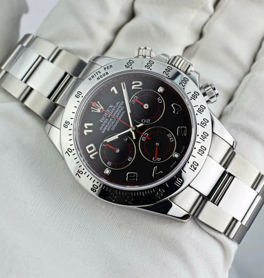 rolex_mm_mens_stainless_s_7-4.webp Sports Watches | Racing Professional Watches | Sant Blanc ROLEX 40mm Mens Stainless Steel Daytona Black Arabic "Race" Dial "Fat" Buckle Model 116520