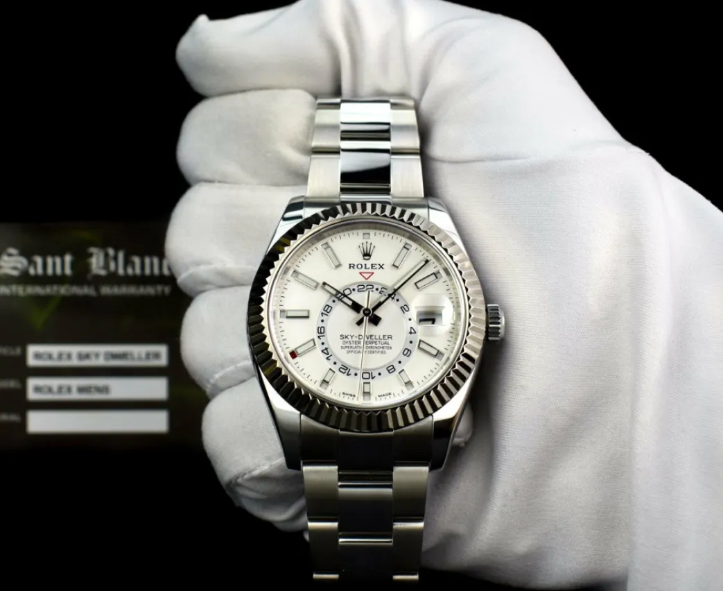 rolex_mm_mens_white_gold__1.webp Pilots Classic Watches | Men's Watches | Sant Blanc ROLEX 42mm Mens White Gold & Stainless Sky Dweller White Index Dial Model 326934