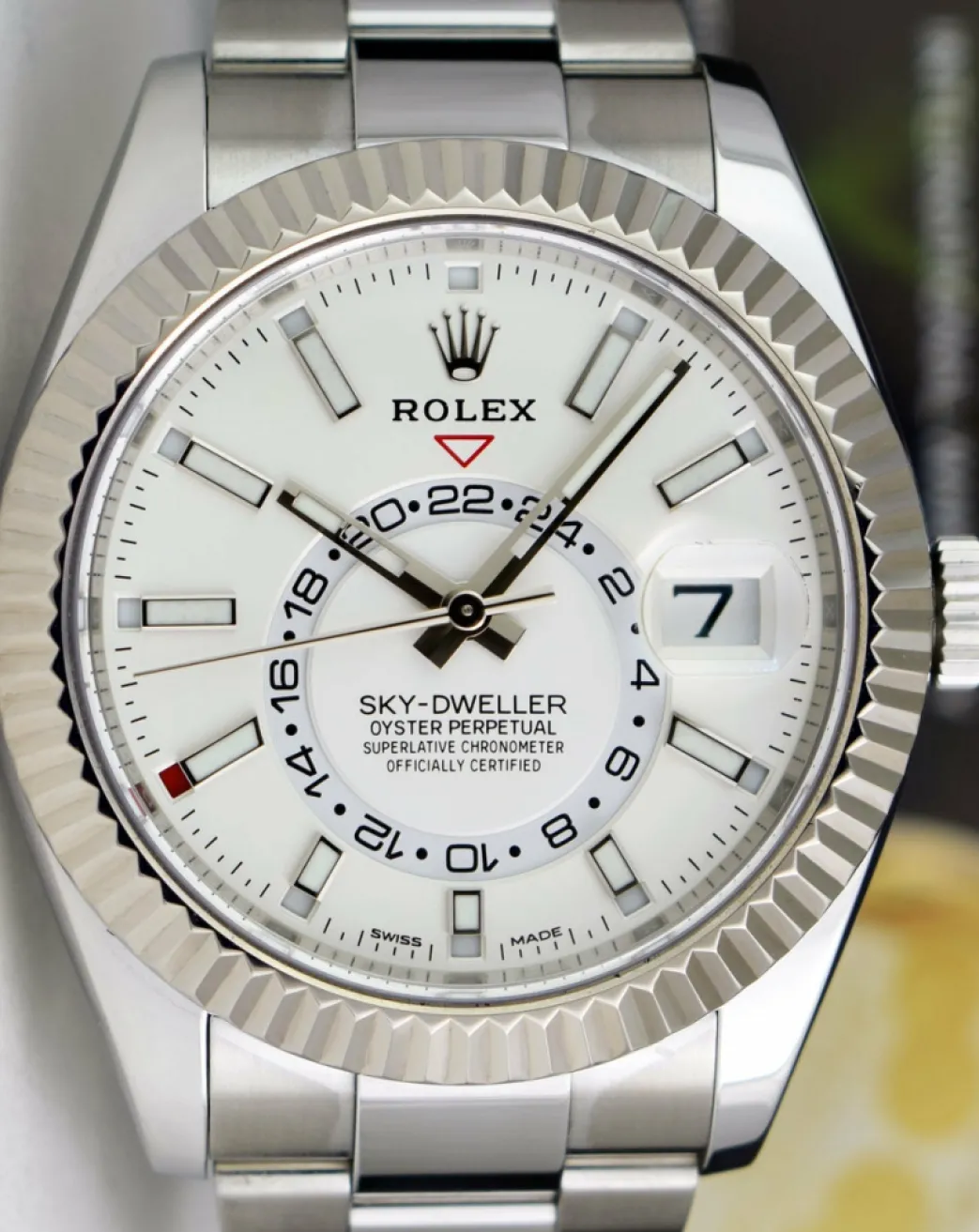 rolex_mm_mens_white_gold__8.webp Pilots Classic Watches | Men's Watches | Sant Blanc ROLEX 42mm Mens White Gold & Stainless Sky Dweller White Index Dial Model 326934