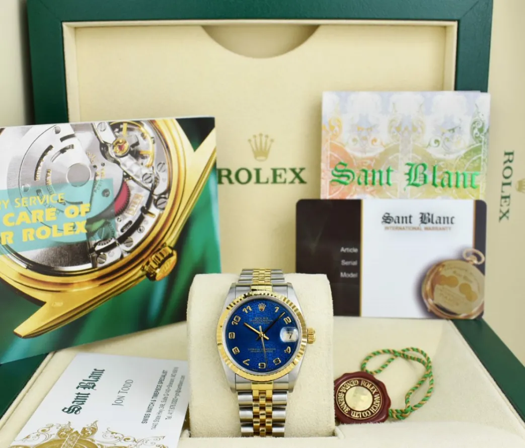 rolex_mm_midsize_kt_gold__0-3.webp Ladies Watches | Dress Watches | Sant Blanc ROLEX 31mm MidSize 18kt Gold & Stainless Steel Datejust Blue Jubilee Dial Model 68273
