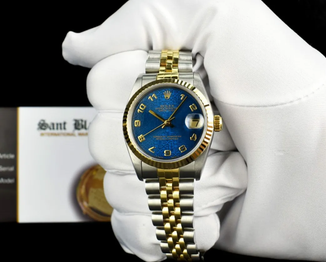 rolex_mm_midsize_kt_gold__1-3.webp Ladies Watches | Dress Watches | Sant Blanc ROLEX 31mm MidSize 18kt Gold & Stainless Steel Datejust Blue Jubilee Dial Model 68273