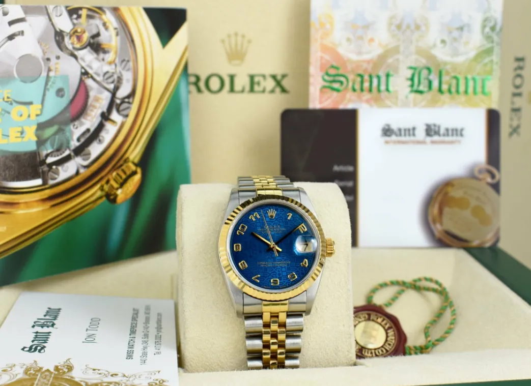 rolex_mm_midsize_kt_gold__2-3.webp Ladies Watches | Dress Watches | Sant Blanc ROLEX 31mm MidSize 18kt Gold & Stainless Steel Datejust Blue Jubilee Dial Model 68273