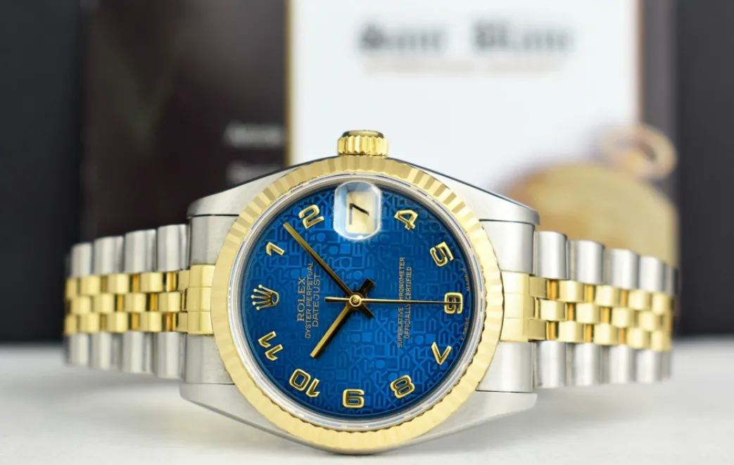 rolex_mm_midsize_kt_gold__3-3.webp Ladies Watches | Dress Watches | Sant Blanc ROLEX 31mm MidSize 18kt Gold & Stainless Steel Datejust Blue Jubilee Dial Model 68273