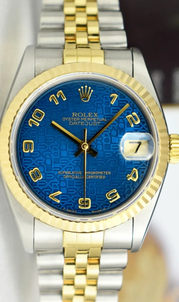 Ladies Watches | Dress Watches | Sant Blanc ROLEX 31mm MidSize 18kt Gold & Stainless Steel Datejust Blue Jubilee Dial Model 68273