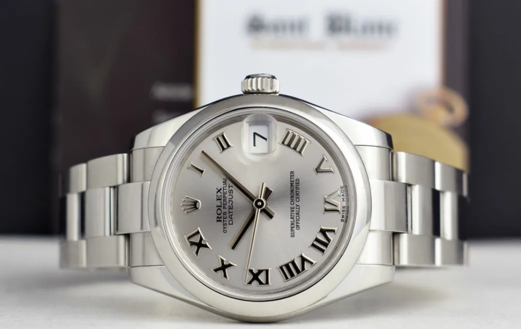 rolex_mm_midsize_stainles_1-1.webp Ladies Watches | Dress Watches | Sant Blanc ROLEX 31mm Mid-Size Stainless Steel Datejust Rhodium Roman Dial Model 178240