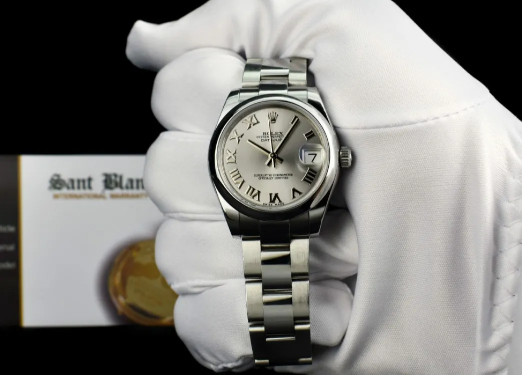 rolex_mm_midsize_stainles_2-1.webp Ladies Watches | Dress Watches | Sant Blanc ROLEX 31mm Mid-Size Stainless Steel Datejust Rhodium Roman Dial Model 178240