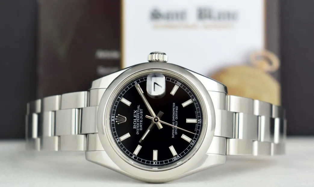 rolex_mm_midsize_stainles_2.webp Dress Watches | Sant Blanc ROLEX 31mm Mid-Size Stainless Steel Datejust Black Index Model 178240