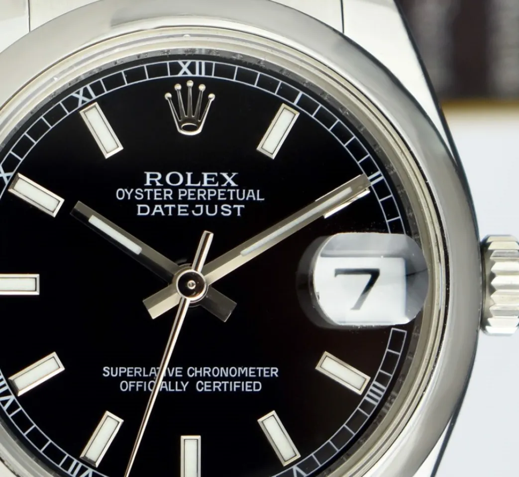 rolex_mm_midsize_stainles_3.webp Dress Watches | Sant Blanc ROLEX 31mm Mid-Size Stainless Steel Datejust Black Index Model 178240