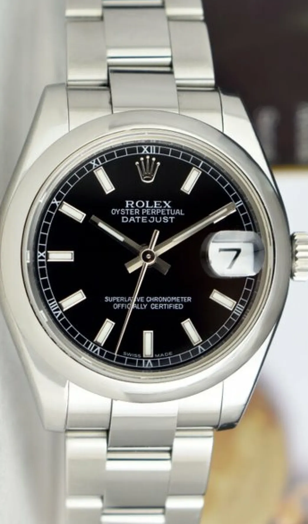 rolex_mm_midsize_stainles_5.webp Dress Watches | Sant Blanc ROLEX 31mm Mid-Size Stainless Steel Datejust Black Index Model 178240