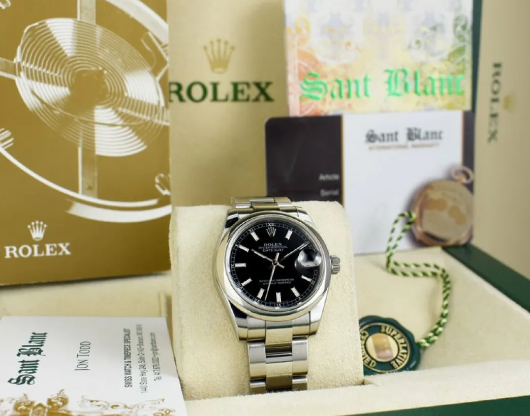 rolex_mm_midsize_stainles_6.webp Dress Watches | Sant Blanc ROLEX 31mm Mid-Size Stainless Steel Datejust Black Index Model 178240