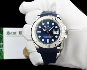 Yachting Professional Watches | Sant Blanc ROLEX 40mm Platinum & Stainless Steel YachtMaster Blue Dial Rubber B Strap Model 116622