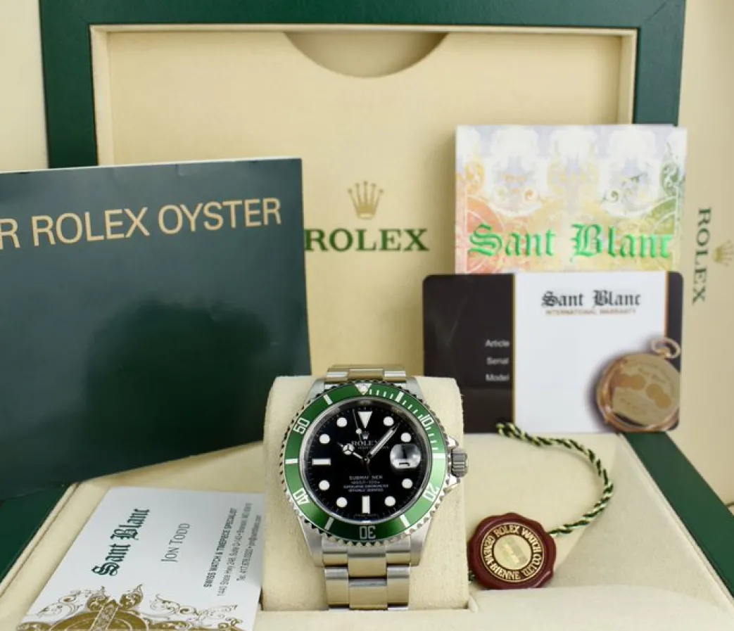 rolex_mm_rehaut_stainless_0.webp Diving Professional Watches | Men's Watches | Sant Blanc ROLEX 40mm Rehaut Stainless Steel Submariner Green Bezel Kermit Model 16610