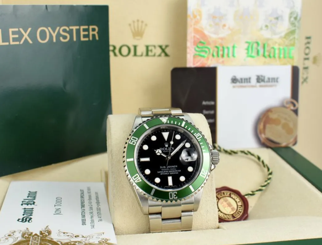 rolex_mm_rehaut_stainless_6.webp Diving Professional Watches | Men's Watches | Sant Blanc ROLEX 40mm Rehaut Stainless Steel Submariner Green Bezel Kermit Model 16610
