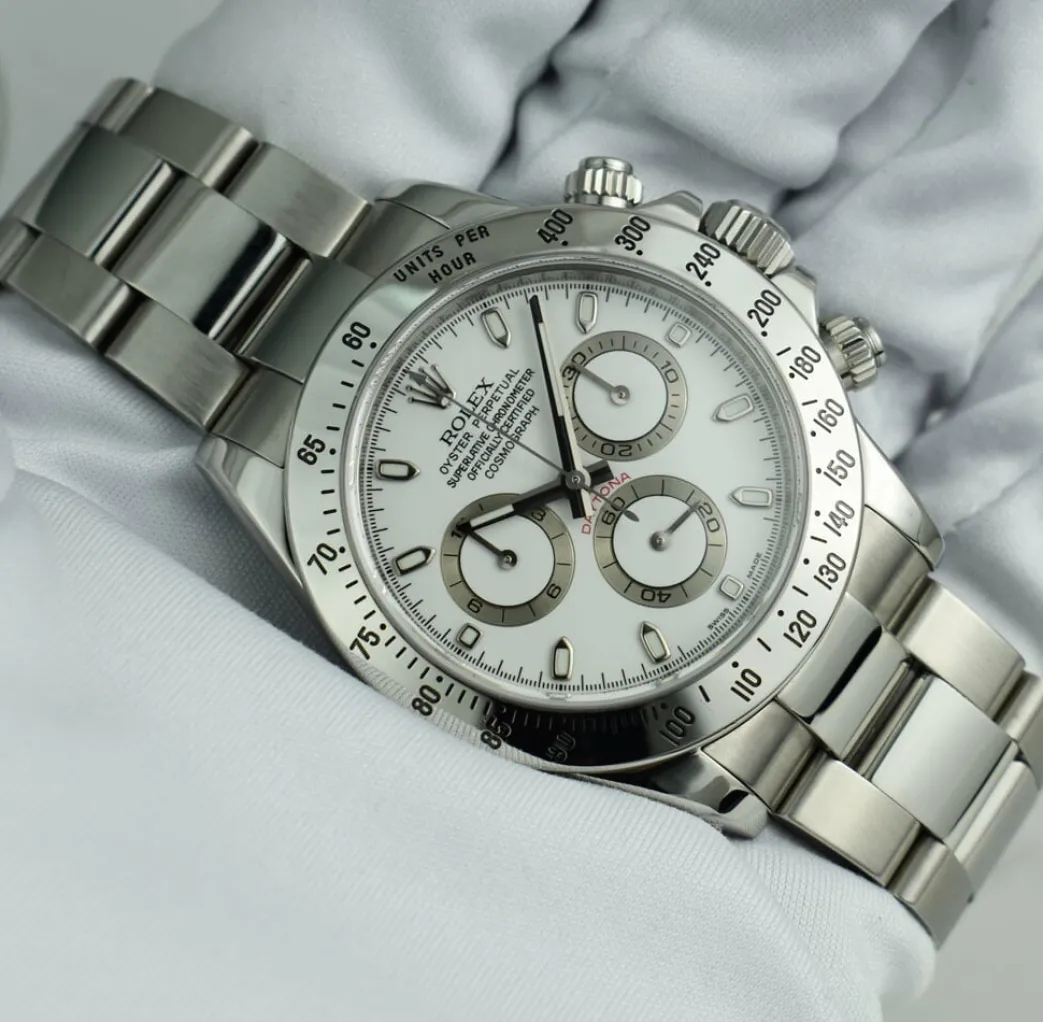 rolex_mm_stainless_dayton_9.webp Men's Watches | Racing Professional Watches | Sant Blanc ROLEX 40mm Stainless Daytona White Index Dial Fat Clasp Model 116520