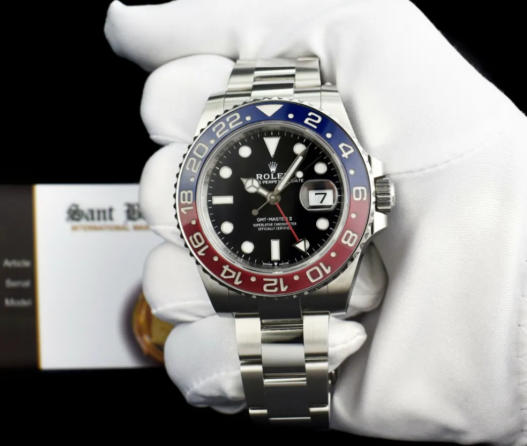 rolex_mm_stainless_steel__1-12.webp Men's Watches | Pilots Professional Watches | Sant Blanc ROLEX 40mm Stainless Steel GMT Master II PEPSI Bezel Oyster Bracelet 126710BLRO