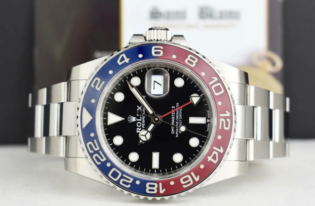 rolex_mm_stainless_steel__3-12.webp Men's Watches | Pilots Professional Watches | Sant Blanc ROLEX 40mm Stainless Steel GMT Master II PEPSI Bezel Oyster Bracelet 126710BLRO