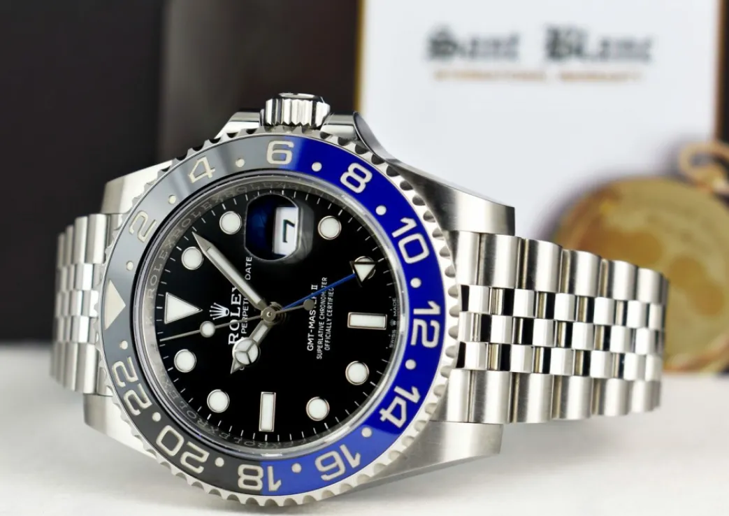 rolex_mm_stainless_steel__3-35.webp Pilots Classic Watches | Men's Watches | Sant Blanc ROLEX 40mm Stainless Steel GMT Master II Blue & Black "Batman" Bezel Model 126710
