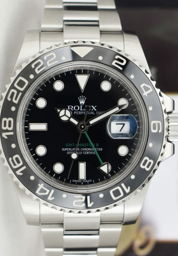 Pilots Professional Watches | Sant Blanc ROLEX 40mm Stainless Steel GMT Master II Black Dial Ceramic Bezel Model 116710LN