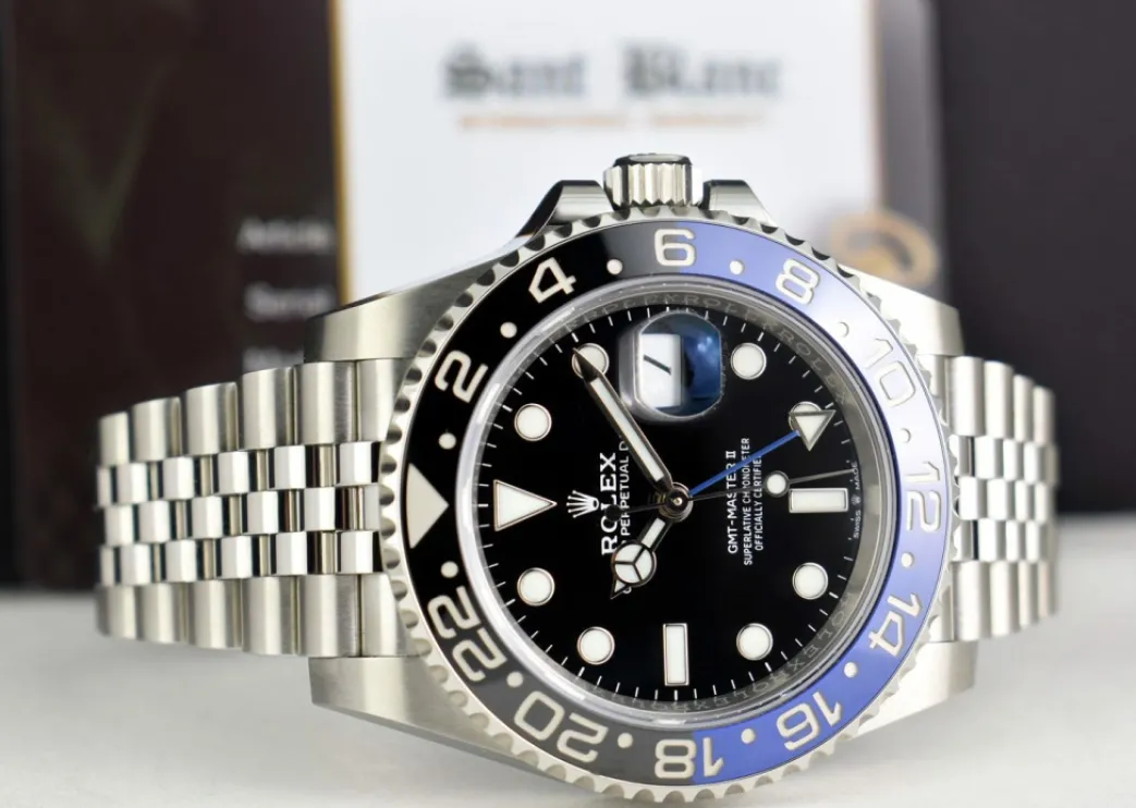 rolex_mm_stainless_steel__4-35.webp Pilots Classic Watches | Men's Watches | Sant Blanc ROLEX 40mm Stainless Steel GMT Master II Blue & Black "Batman" Bezel Model 126710