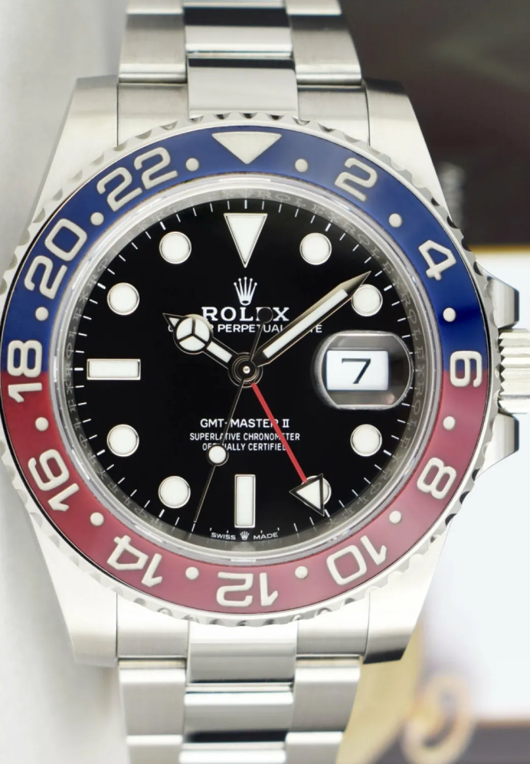 rolex_mm_stainless_steel__5-12.webp Men's Watches | Pilots Professional Watches | Sant Blanc ROLEX 40mm Stainless Steel GMT Master II PEPSI Bezel Oyster Bracelet 126710BLRO