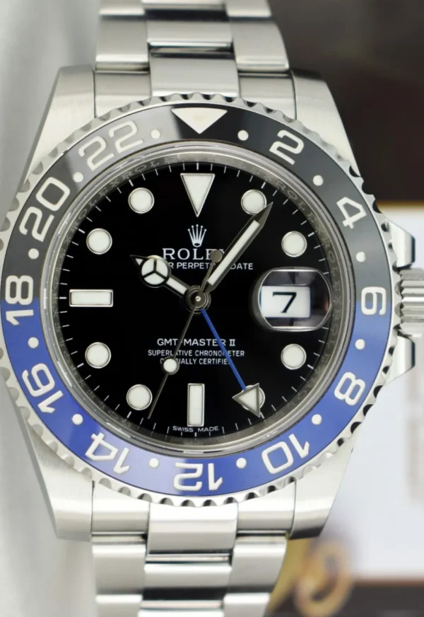 Men's Watches | Pilots Professional Watches | Sant Blanc ROLEX 40mm Stainless Steel GMT Master II Batman Blue & Black Bezel Model 116710BLNR