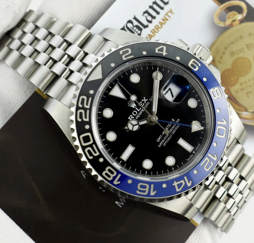 rolex_mm_stainless_steel__5-35.webp Pilots Classic Watches | Men's Watches | Sant Blanc ROLEX 40mm Stainless Steel GMT Master II Blue & Black "Batman" Bezel Model 126710
