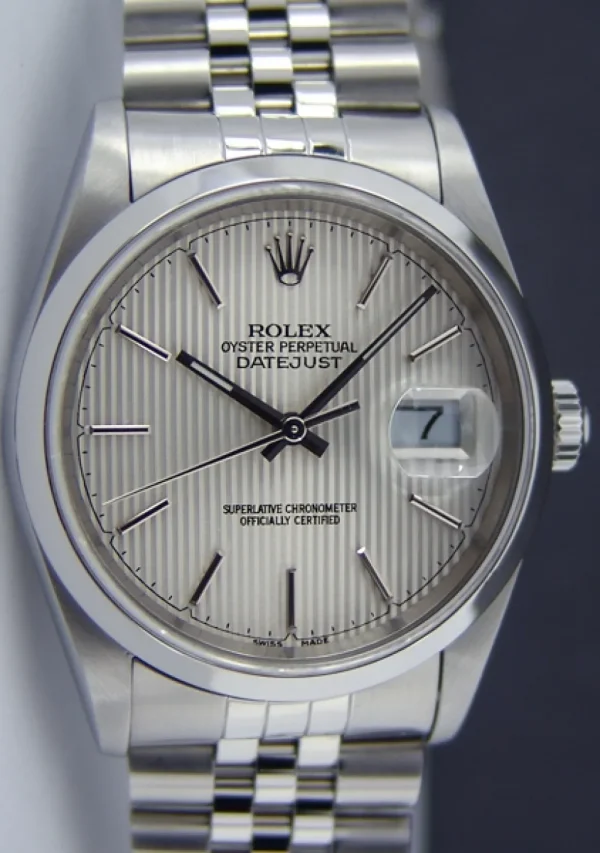 Men's Watches | Dress Watches | Sant Blanc ROLEX 36mm Stainless Steel Datejust Jubilee Band Silver Tapestry Stick Dial Model 16200