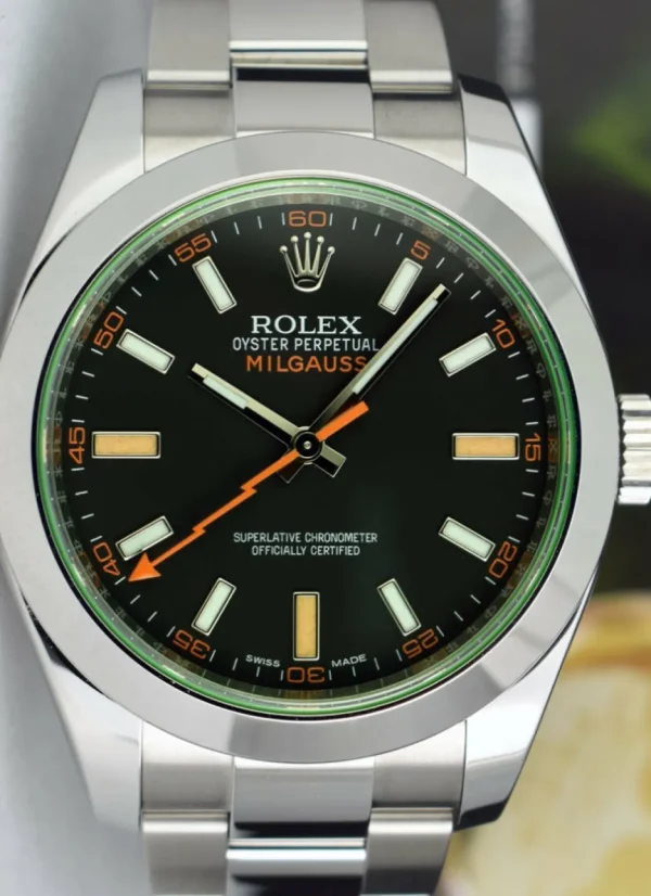 Sports Watches | Scientists Professional Watches | Sant Blanc ROLEX 40mm Stainless Steel Milgauss Green Crystal Black Index Model 116400GV