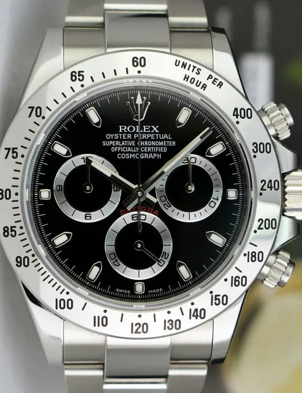 Men's Watches | Racing Professional Watches | Sant Blanc ROLEX 40mm Stainless Steel Daytona Black Index Dial Fat Clasp Box & Card Model 116520