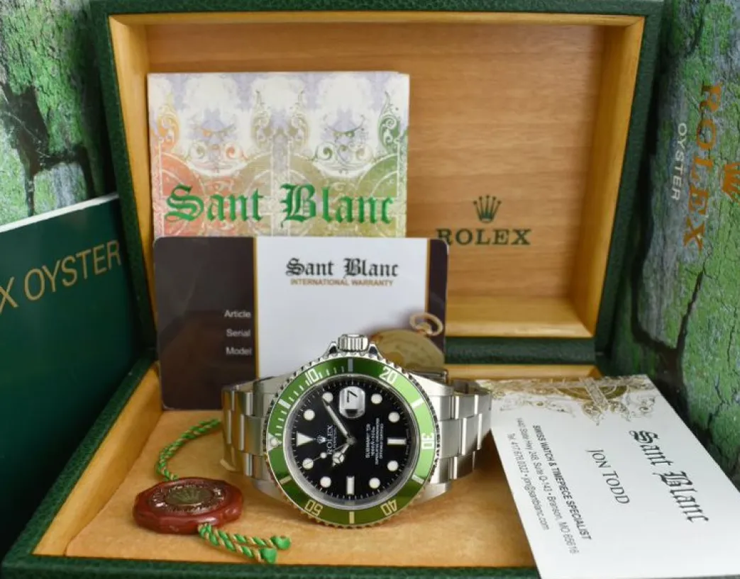 rolex_mm_stainless_submar_0-1.webp Diving Professional Watches | Sant Blanc ROLEX 40mm Stainless Submariner Black Dial Green Bezel Kermit Model 16610
